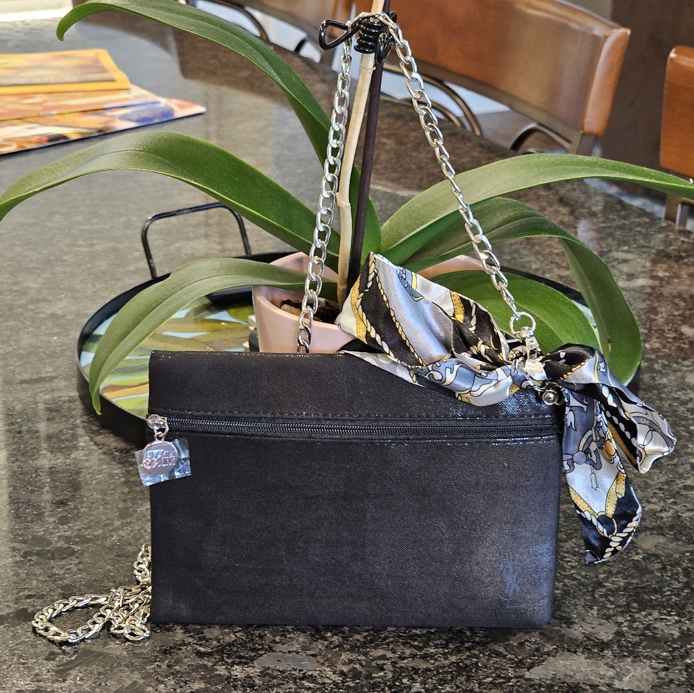 YSL Yves Saint Laurent Black Clutch w/Crossbody Chain & Twilly Added NEW